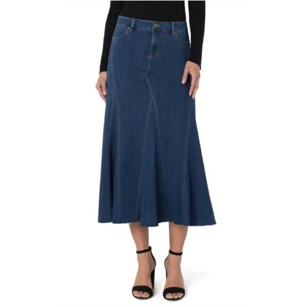 Liverpool Los Angeles Blue Denim Midi Skirt Flared Raw Hem Mermaid Trumpet 10